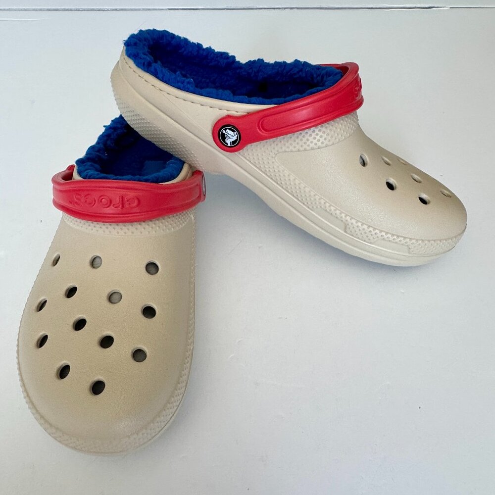 CROCS Classic Lined Clogs Unisex M9 W11 Taupe Casual Shoes Blue Fuzzy Comfort